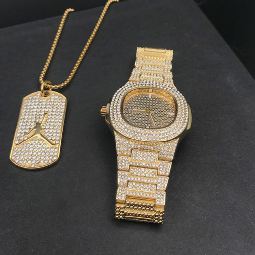 Luxury Gold hip hop jewelry stylish watch & Necklace Combo Set Watch Diamond Men hip hop chain necklace Iced Out  Men Jewelry