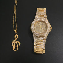 Load image into Gallery viewer, Luxury Gold hip hop jewelry stylish watch &amp; Necklace Combo Set Watch Diamond Men hip hop chain necklace Iced Out  Men Jewelry