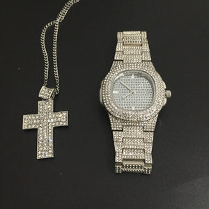 Luxury Gold hip hop jewelry stylish watch & Necklace Combo Set Watch Diamond Men hip hop chain necklace Iced Out  Men Jewelry