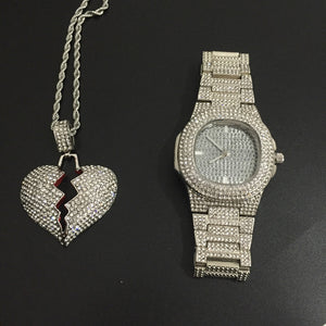 Luxury Gold hip hop jewelry stylish watch & Necklace Combo Set Watch Diamond Men hip hop chain necklace Iced Out  Men Jewelry